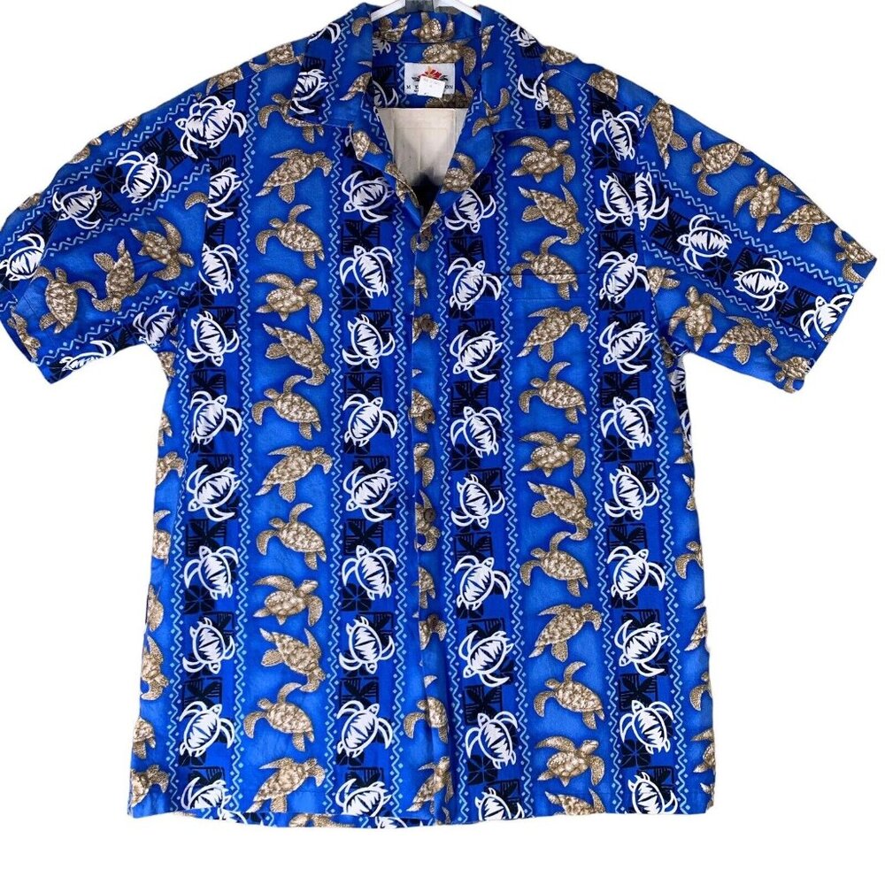Vintage Hawaiian Shirt Size Medium MD Fashion Button Up Shirt Blue Turtle Print